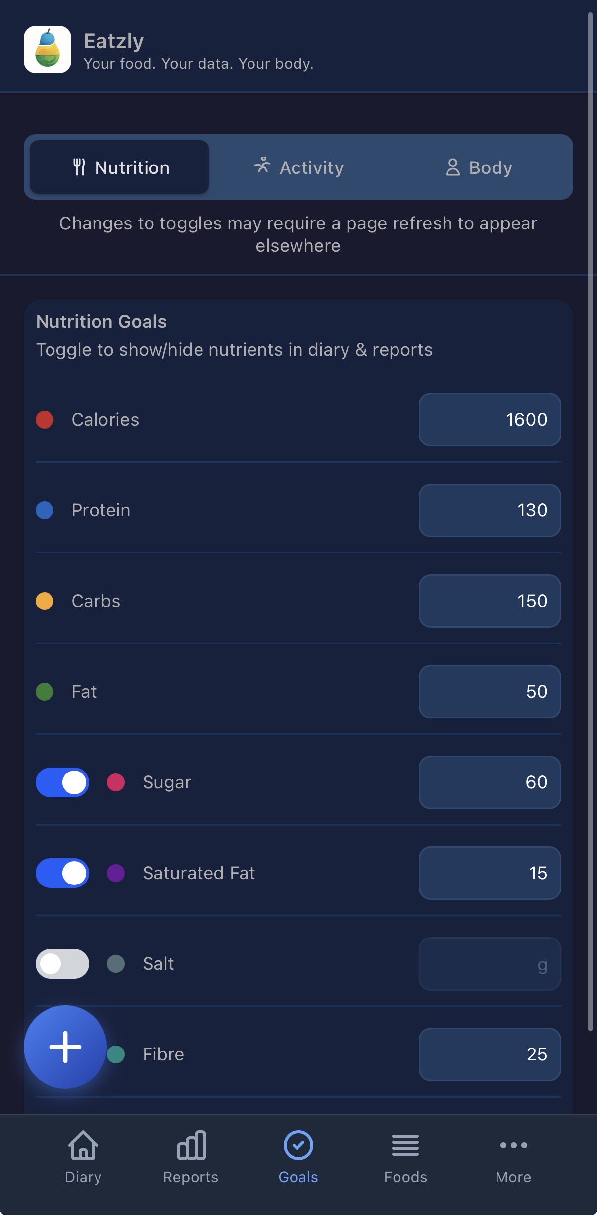 Custom nutrition goal targets and daily progress